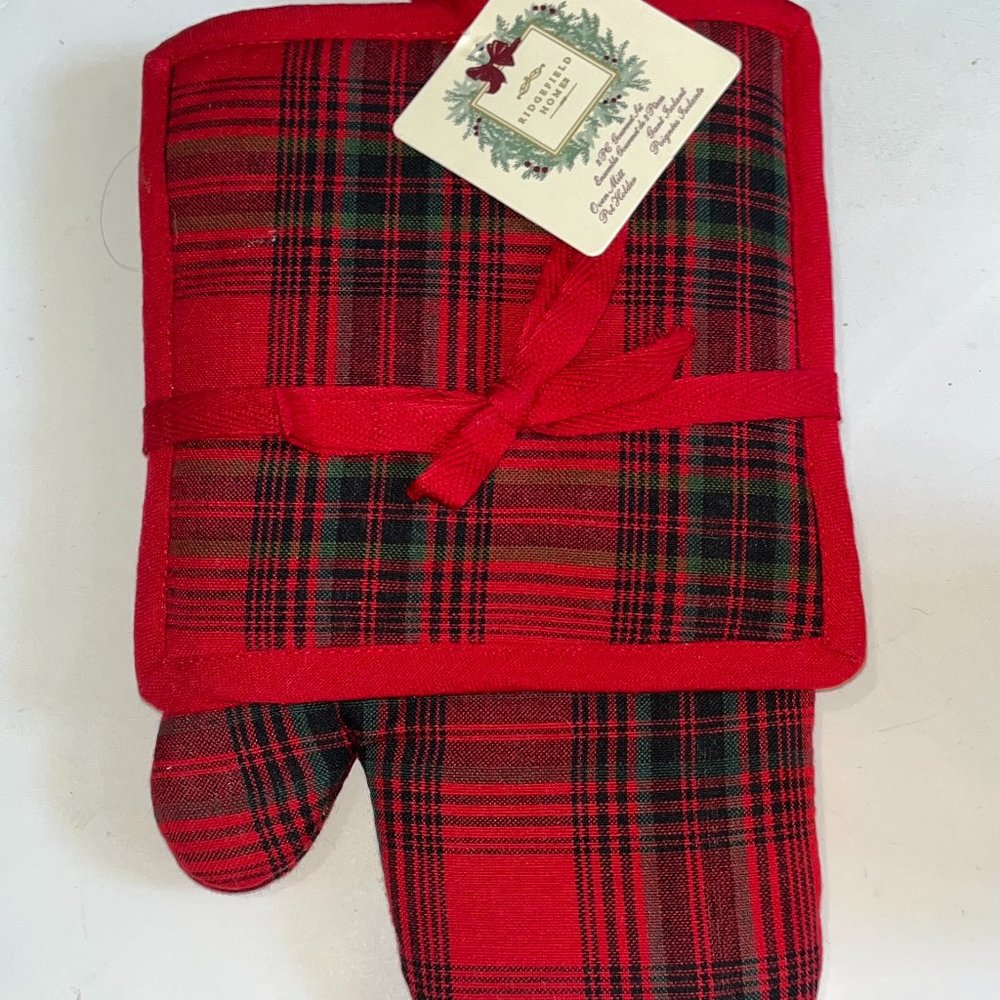 RIDGEFIELD HOME OVEN MITT AND POTHOLDER SET 100% COTTON RED BLACK COTTON NEW